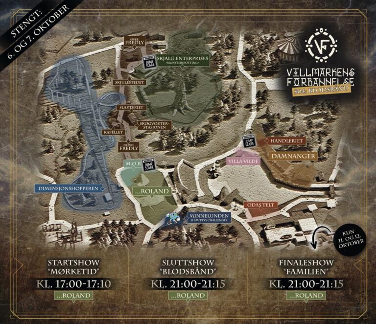 Kart over arenaer og show i Villmarkens forbannelse på Skumle dager i Dyreparken. 